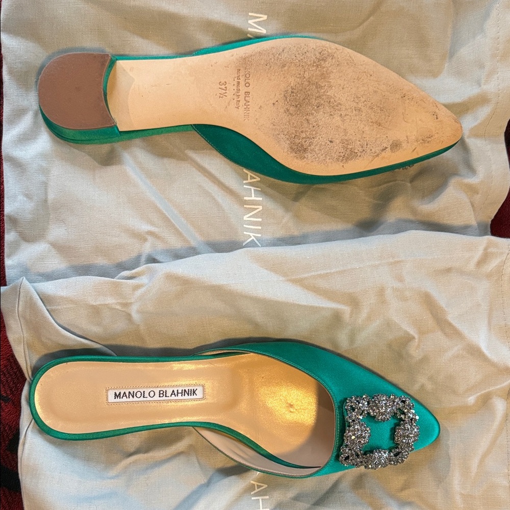 Manolo Blahnik Green Satin Flats with Embellishment